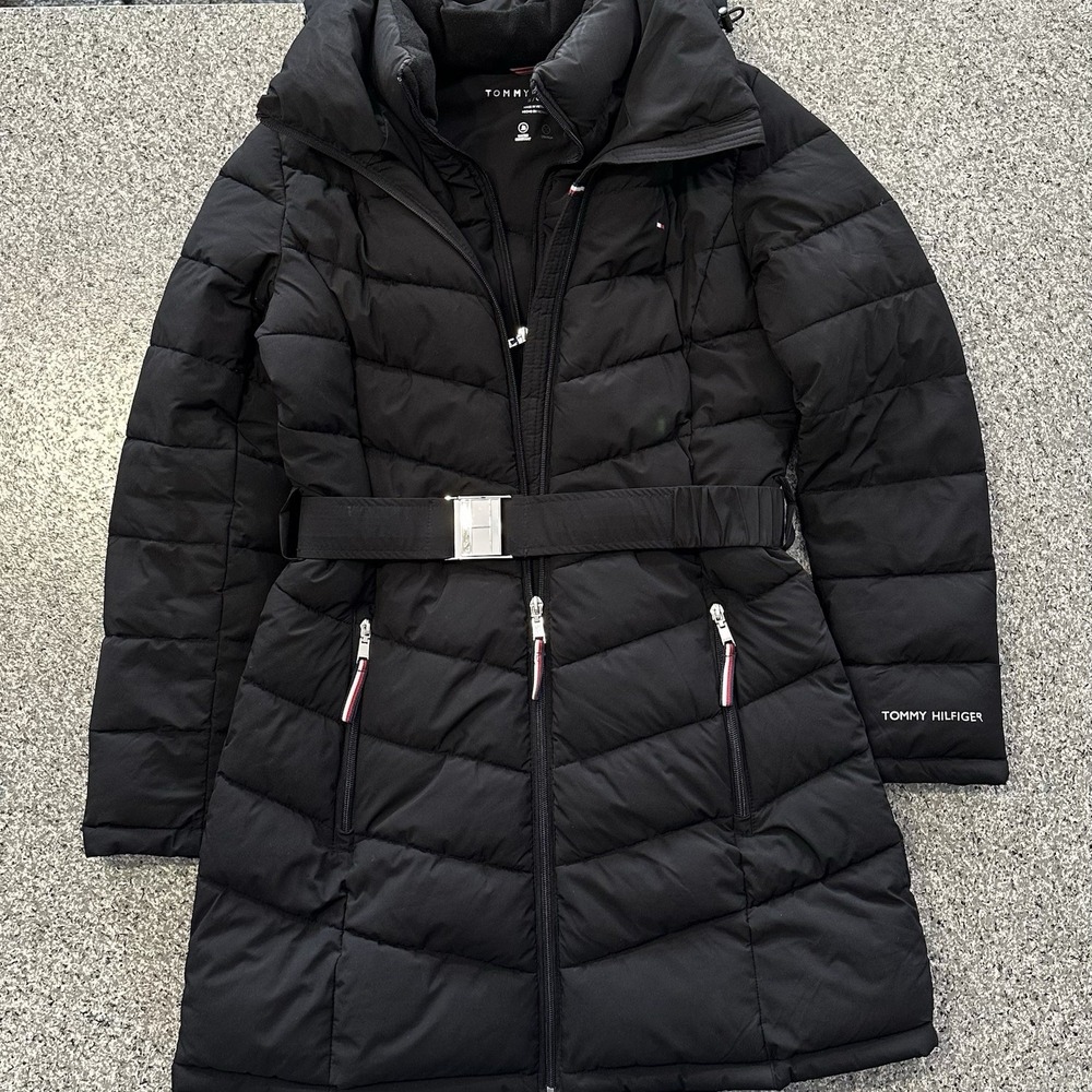 Tommy Hilfiger Jacket Womens Small Puffer Coat Parka Belted Hooded Black